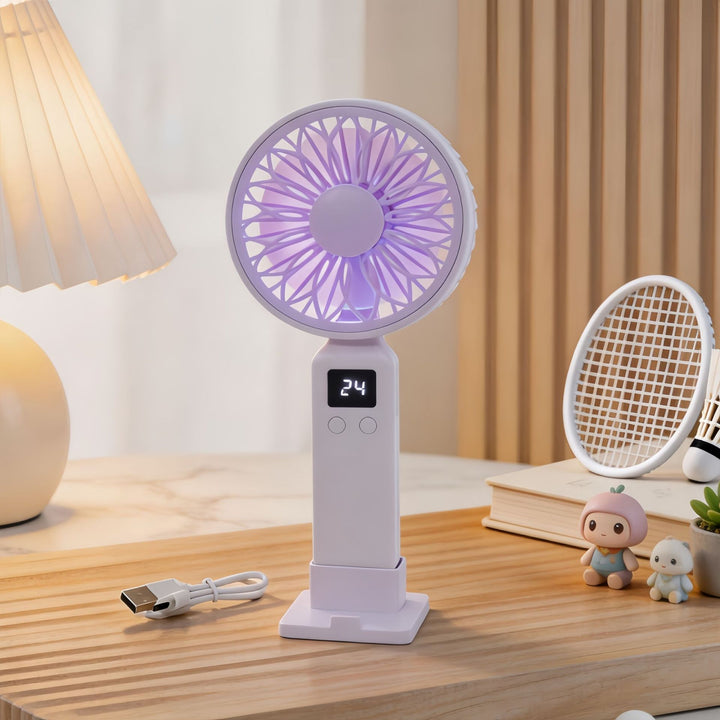 Portable hand-held fan with digital temperature display and multiple speed control Bowlift