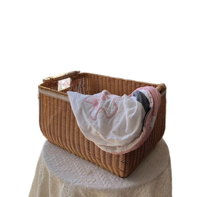 Handcrafted Woven Storage Basket with Wooden Handles Bowlift