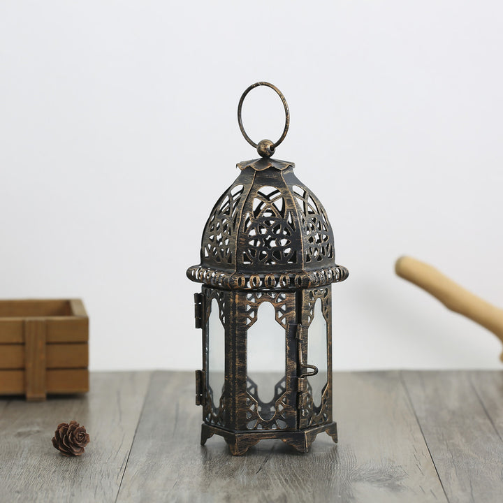 Decorative Moroccan Filigree Metal Lantern with Glass Panels and Hanging Ring Bowlift