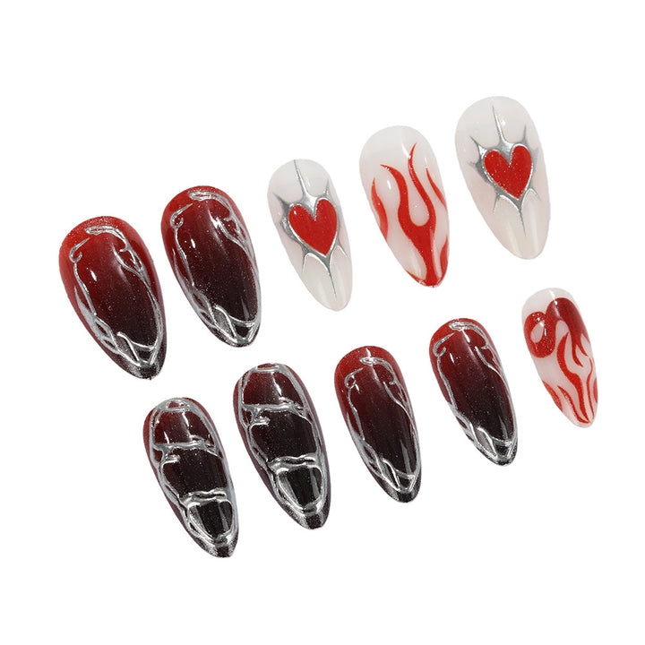 Stylish artificial nails with creative heart and flame designs Bowlift