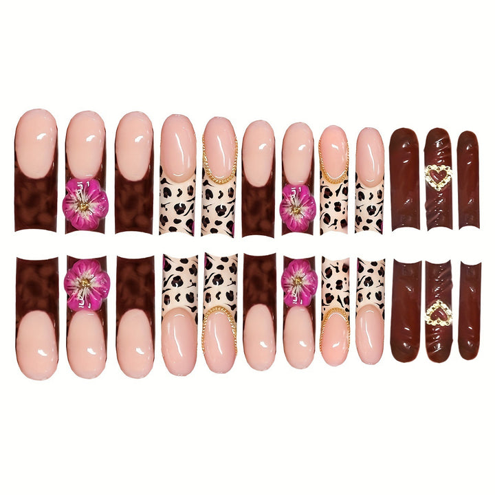 Decorative Long Acrylic Press-On Nail Art with Floral and Leopard Designs Bowlift