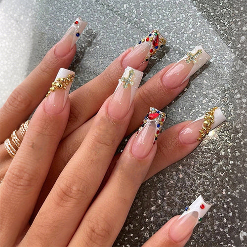 Decorative Press-On Nails Set with Artistic Gemstone Accents Bowlift