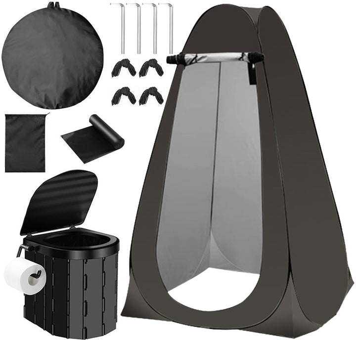 Portable pop-up privacy tent and collapsible camping toilet kit with full accessory set Bowlift