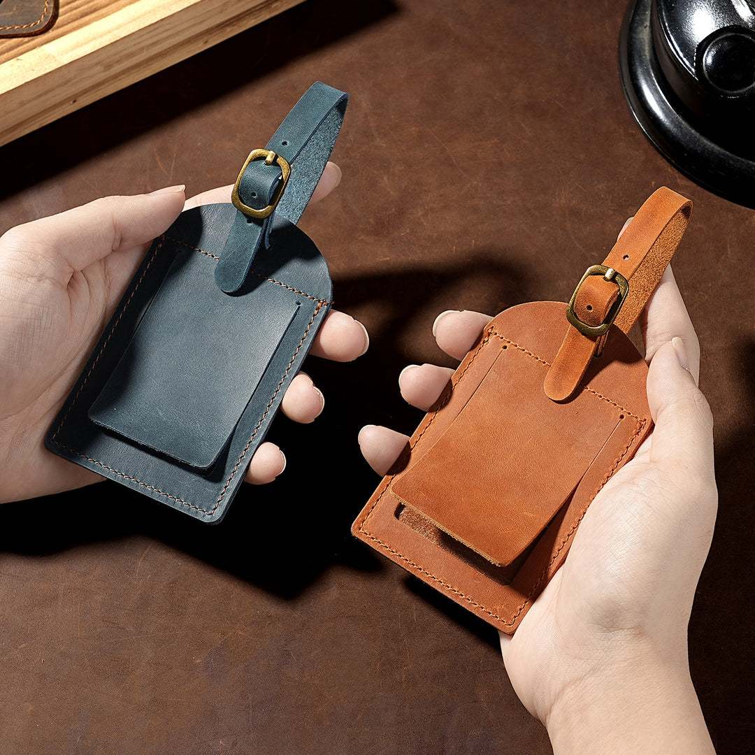 Genuine Leather Luggage Tag with Adjustable Buckle and ID Window Bowlift