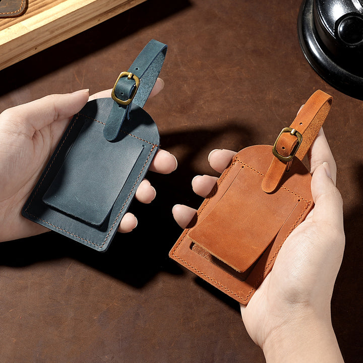 Genuine Leather Luggage Tag with Adjustable Buckle and ID Window Bowlift