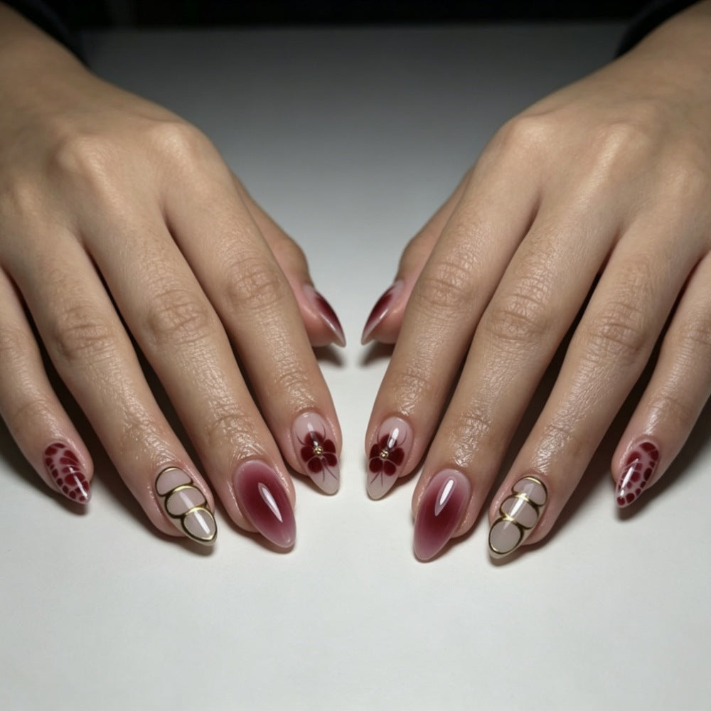 Artistic Press-On Nail Set with Floral and Ombre Designs Bowlift