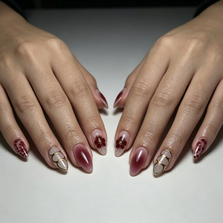 Artistic Press-On Nail Set with Floral and Ombre Designs Bowlift