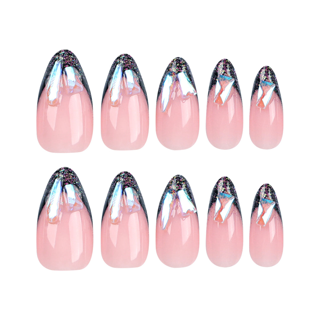 Artistic Gel Nails with Glitter and Rhinestone Accents Bowlift