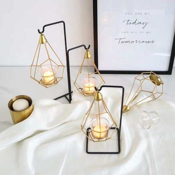 Decorative Geometric Hanging Tealight Candle Holder Set with Metal Stands and Glass Votives Bowlift