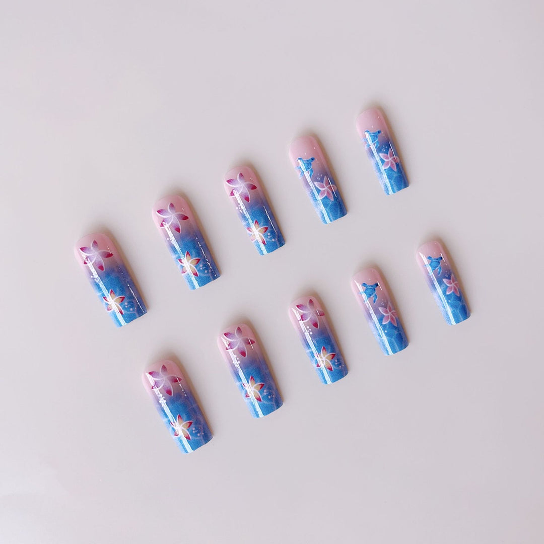 Artificial nail tips with tropical flower pattern and maritime turtle decoration Bowlift