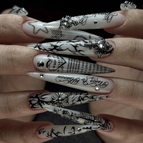 Artful stiletto nails with gothic pattern and embellishments Bowlift
