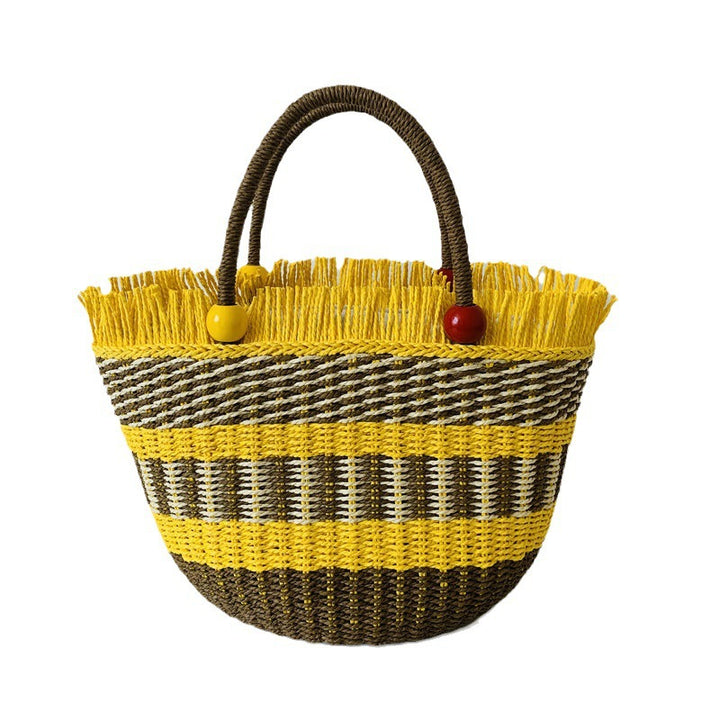 Generous braided tote bag with colorful fringed edge Bowlift