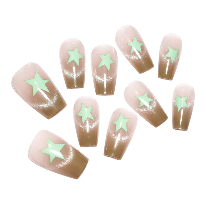 Artificial nail extensions with shimmer effect and star motifs Bowlift