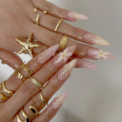 Artistic Long-Lasting Press-On Nail Extensions with Floral Patterns Bowlift