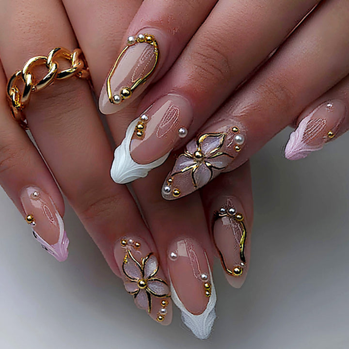 Decorative Press-On Nail Set with Floral Designs Bowlift