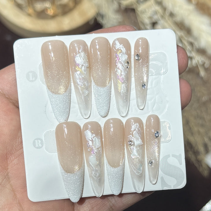 Elegant Press-On Nail Set with Floral and Gemstone Accents Bowlift