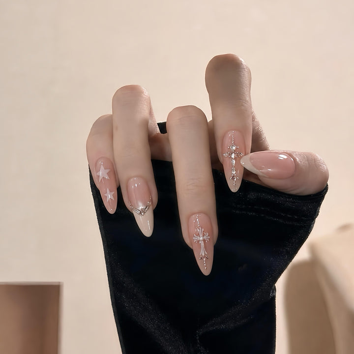 Artificial Art Nails with Glamorous Rhinestone and Star Appliqués Bowlift