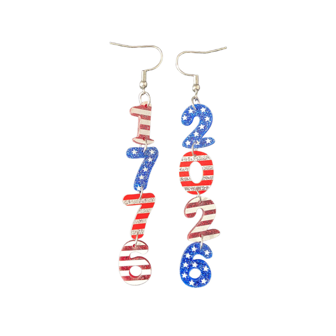 Women’s long earrings with four-digit anniversary number pendants in a patriotic style Bowlift