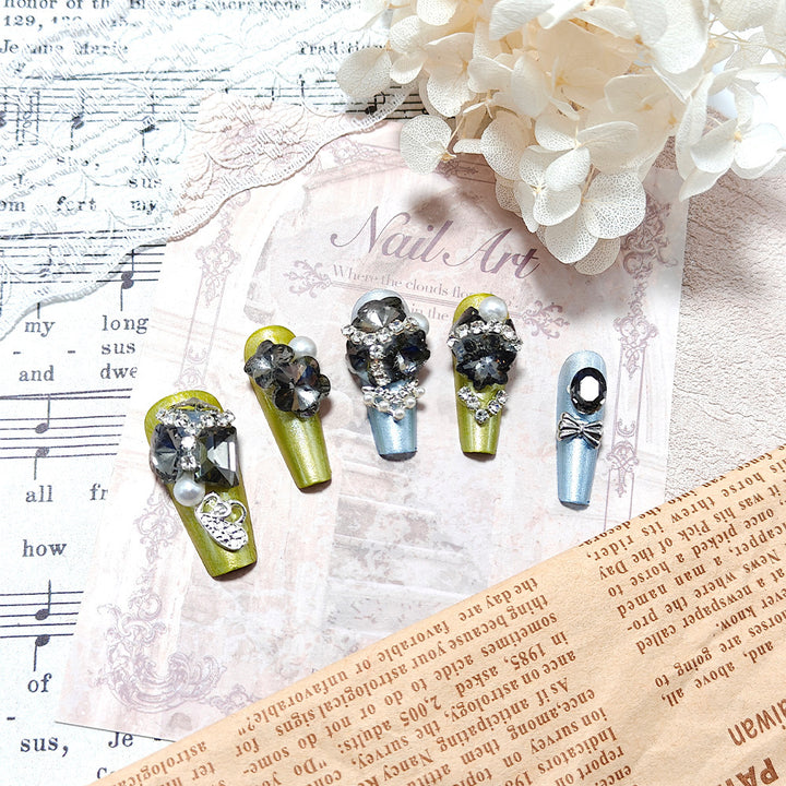 Glamorous Art Nails with Rhinestones and Pearls Bowlift