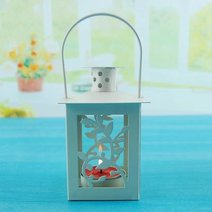 Decorative Metal Tealight Lantern Set with Filigree Leaf Cutouts and Carry Handle Bowlift