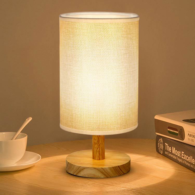 Decorative Cylindrical Fabric Shade Table Lamp with Wooden Base and Mosaic Texture Bowlift