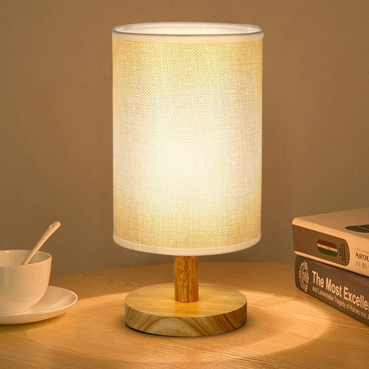 Decorative Cylindrical Fabric Shade Table Lamp with Wooden Base and Mosaic Texture Bowlift