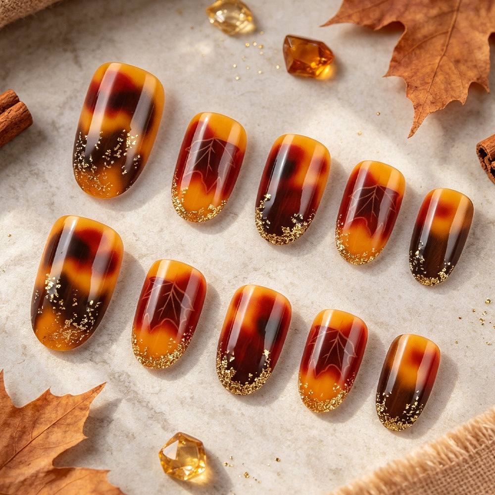 Artistic Press-On Nail Set with Autumn Leaf Design Bowlift
