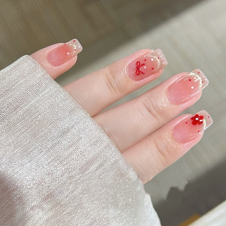Decorative Press-On Nail Set with Floral and Bow Accents Bowlift