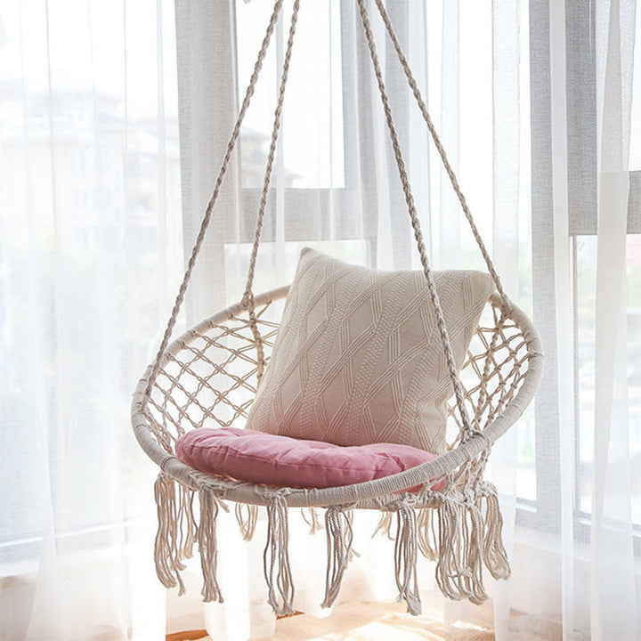 Macrame hanging swing chair boho woven fringe indoor outdoor hammock seat Bowlift