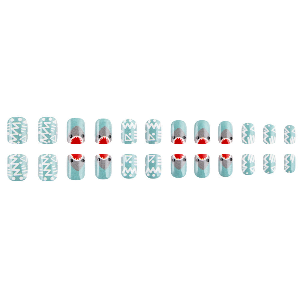 Artistic Shark-Themed Press-On Nail Design Bowlift