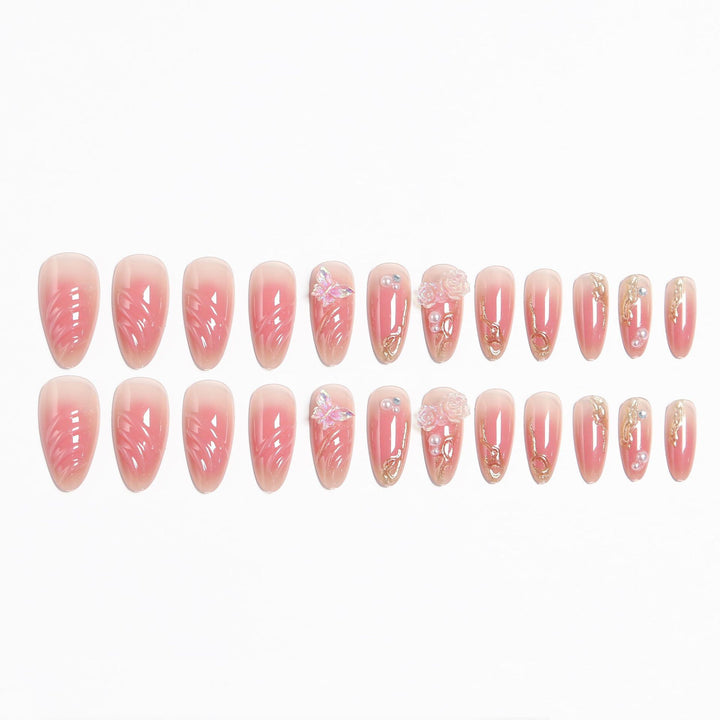 Artificial nails with delicate rose design and glitter accents Bowlift