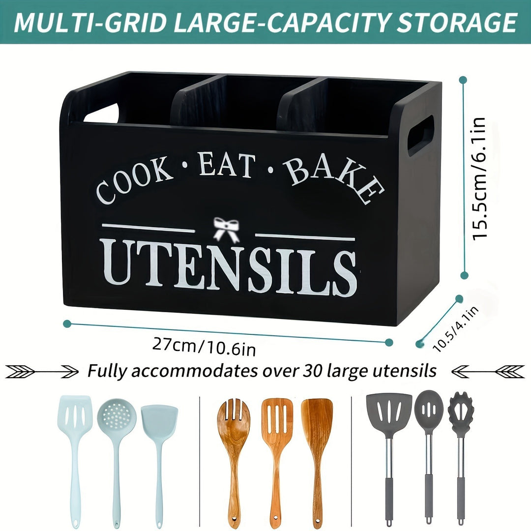 Rustic Farmhouse Kitchen Utensil Organizer Crate with Triple Compartments Bowlift