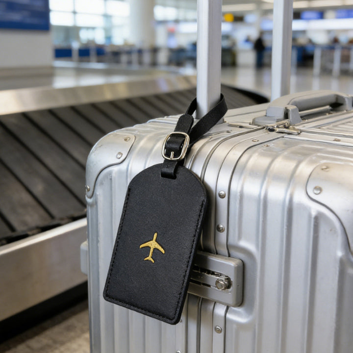 Premium Leather Luggage Tag with Adjustable Strap and Embroidered Airplane Icon Bowlift