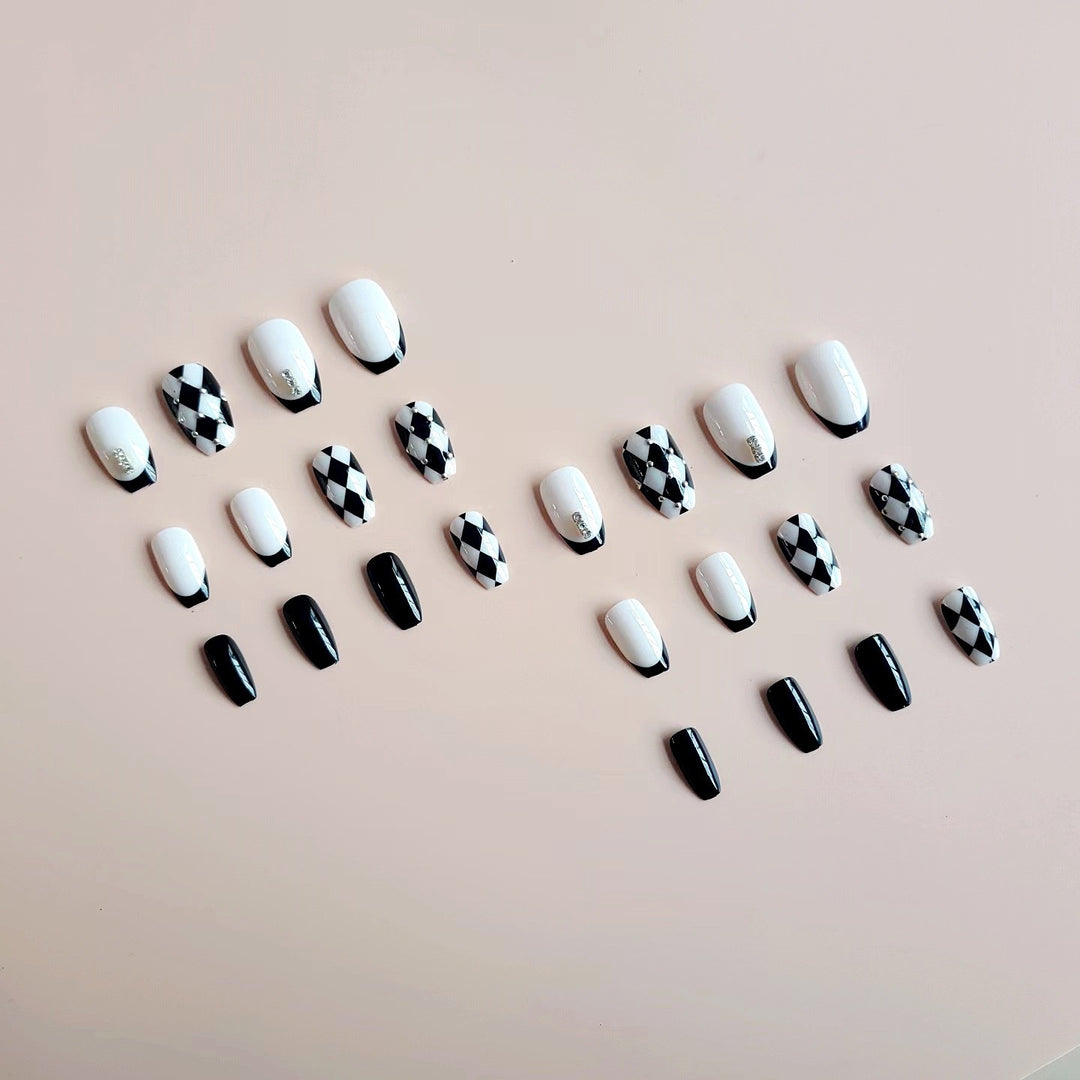 Acrylic Nail Set with Creative Checkerboard Design and Sparkling Accents Bowlift