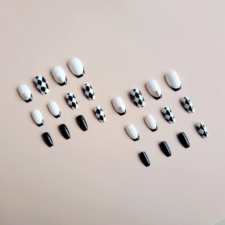 Acrylic Nail Set with Creative Checkerboard Design and Sparkling Accents Bowlift