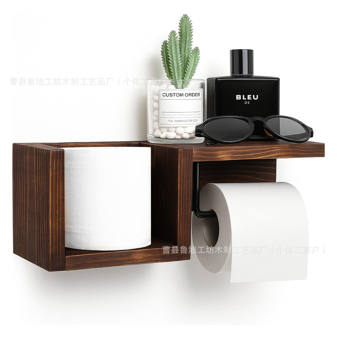 Wall-Mounted Wooden Toilet Paper Shelf Organizer with Metal Roll Holder and Storage Cubby Bowlift