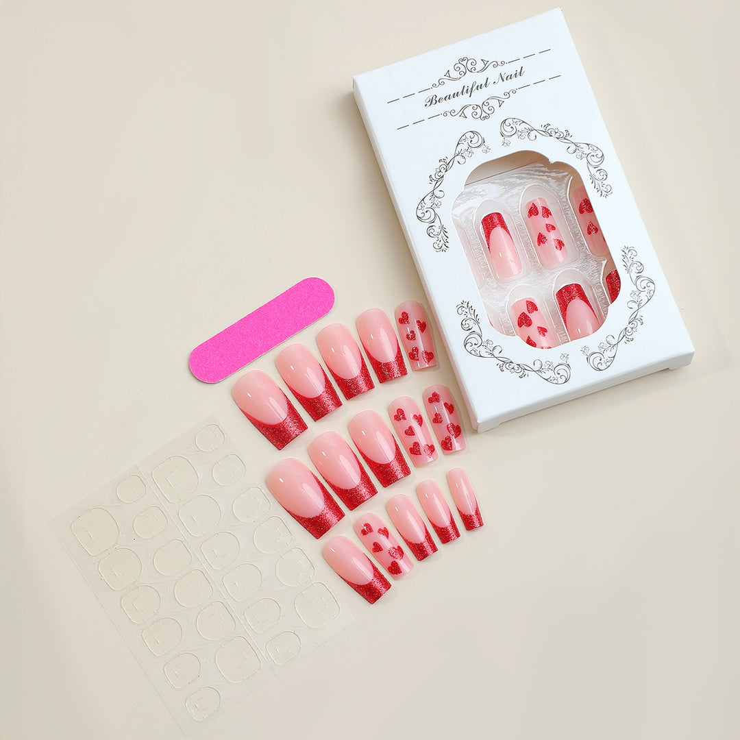 Premium Decorative Press-On Nail Set with Heart and Glitter Designs Bowlift