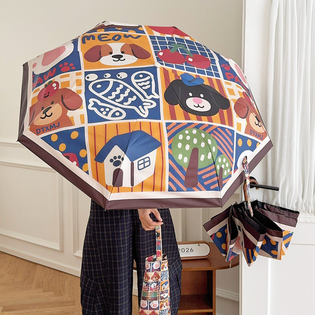 Ladies Foldable Umbrella with Playful Animal Designs Bowlift
