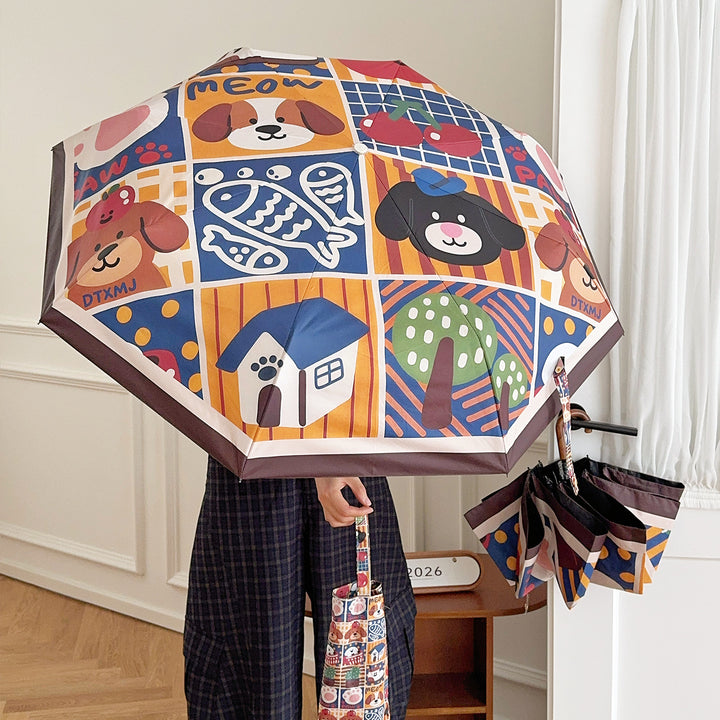 Ladies Foldable Umbrella with Playful Animal Designs Bowlift