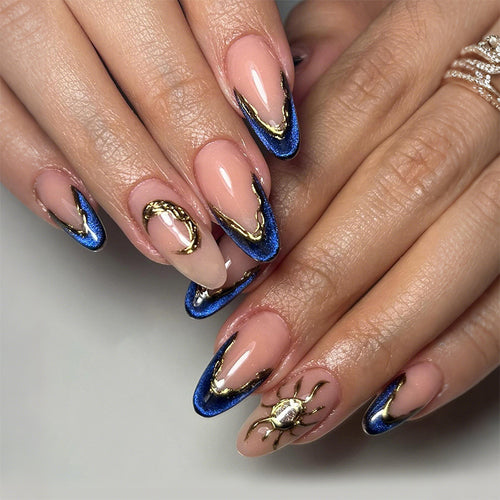 Premium Decorative Press-On Nail Set with Gold and Blue Accent Designs Bowlift