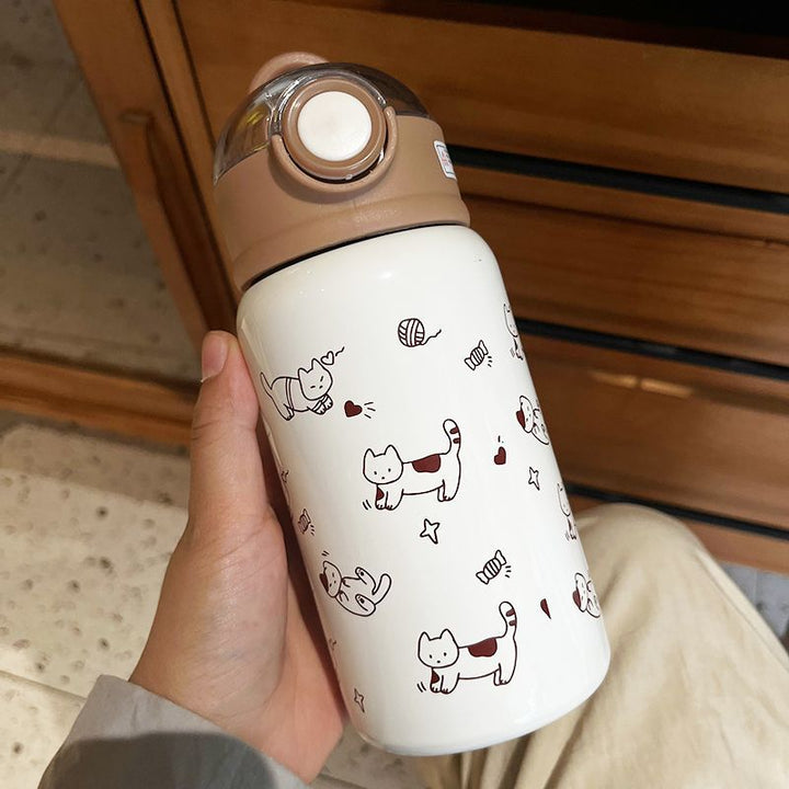Unisex water bottle Bowlift with funny cat pattern and practical lid