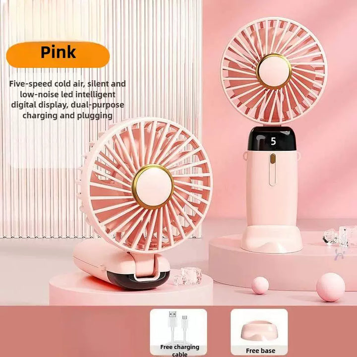 Unisex one size foldable rechargeable handheld fan with multiple speed LED display removable charging base Bowlift