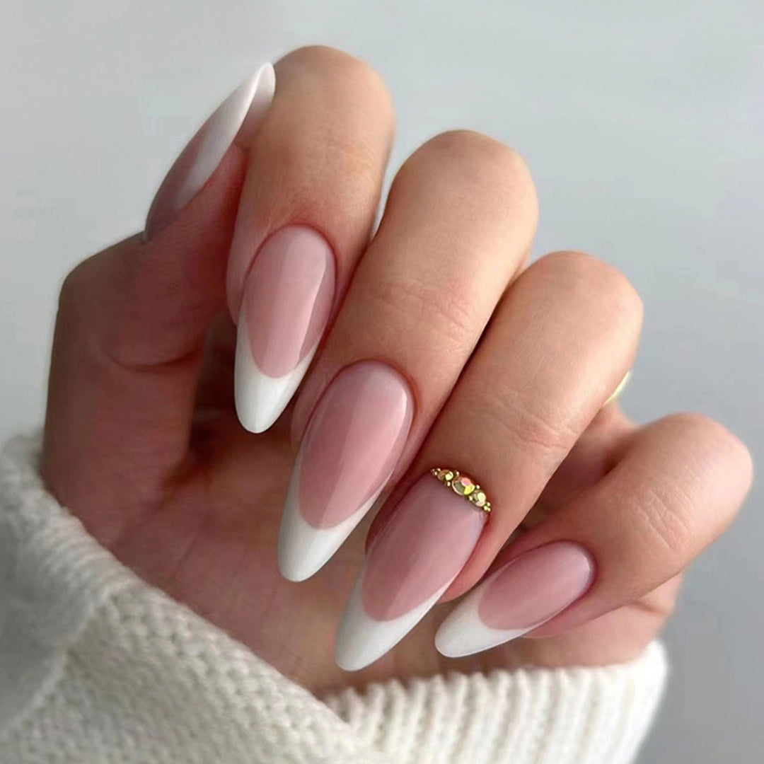 Elegant artificial nails with stylish French design and glitter accents Bowlift