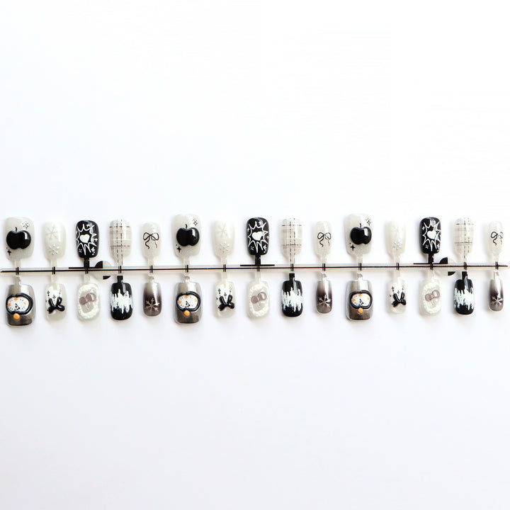 Artistic Black and White Press-On Nail Art Bowlift