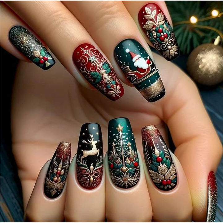 Festive Holiday-Themed Press-On Nail Art Set Bowlift