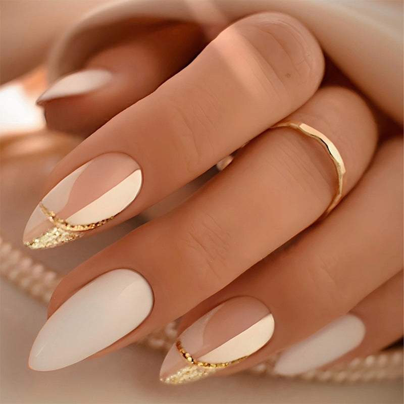 Elegant Press-On Nail Set with Artistic Gold Accents Bowlift