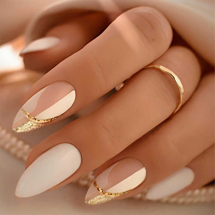 Elegant Press-On Nail Set with Artistic Gold Accents Bowlift