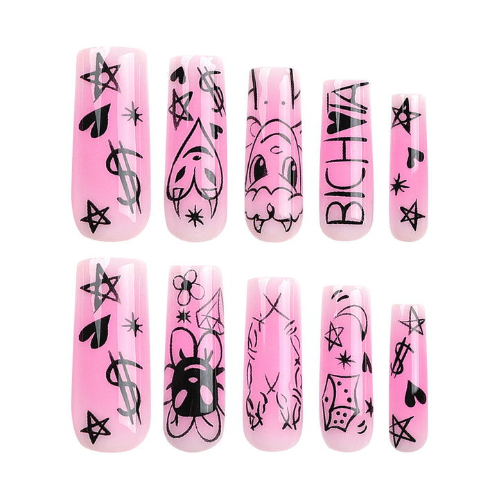Artificial nail set with playful cartoon motif and shimmering accents Bowlift