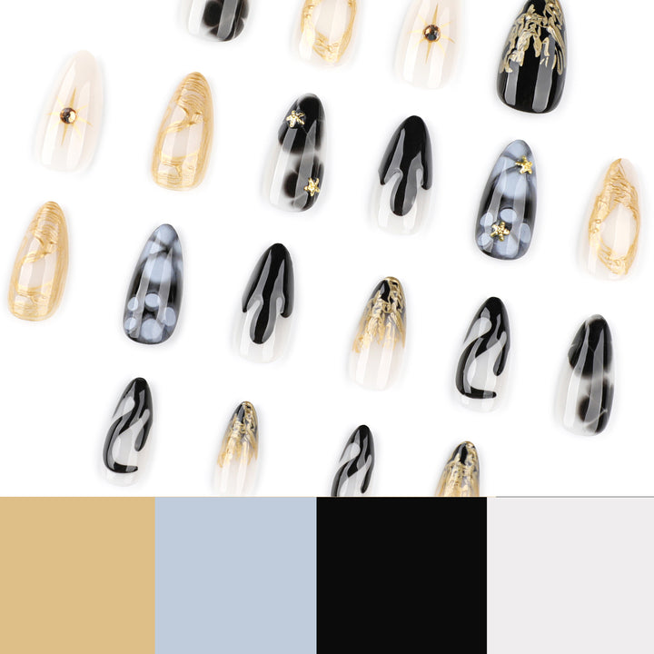 Elegant Stiletto Artificial Nails with Gold Accents and Modern Designs Bowlift