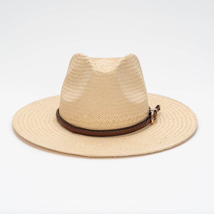 Straw Flat Brim Hat with Leather Trim | Bowlift